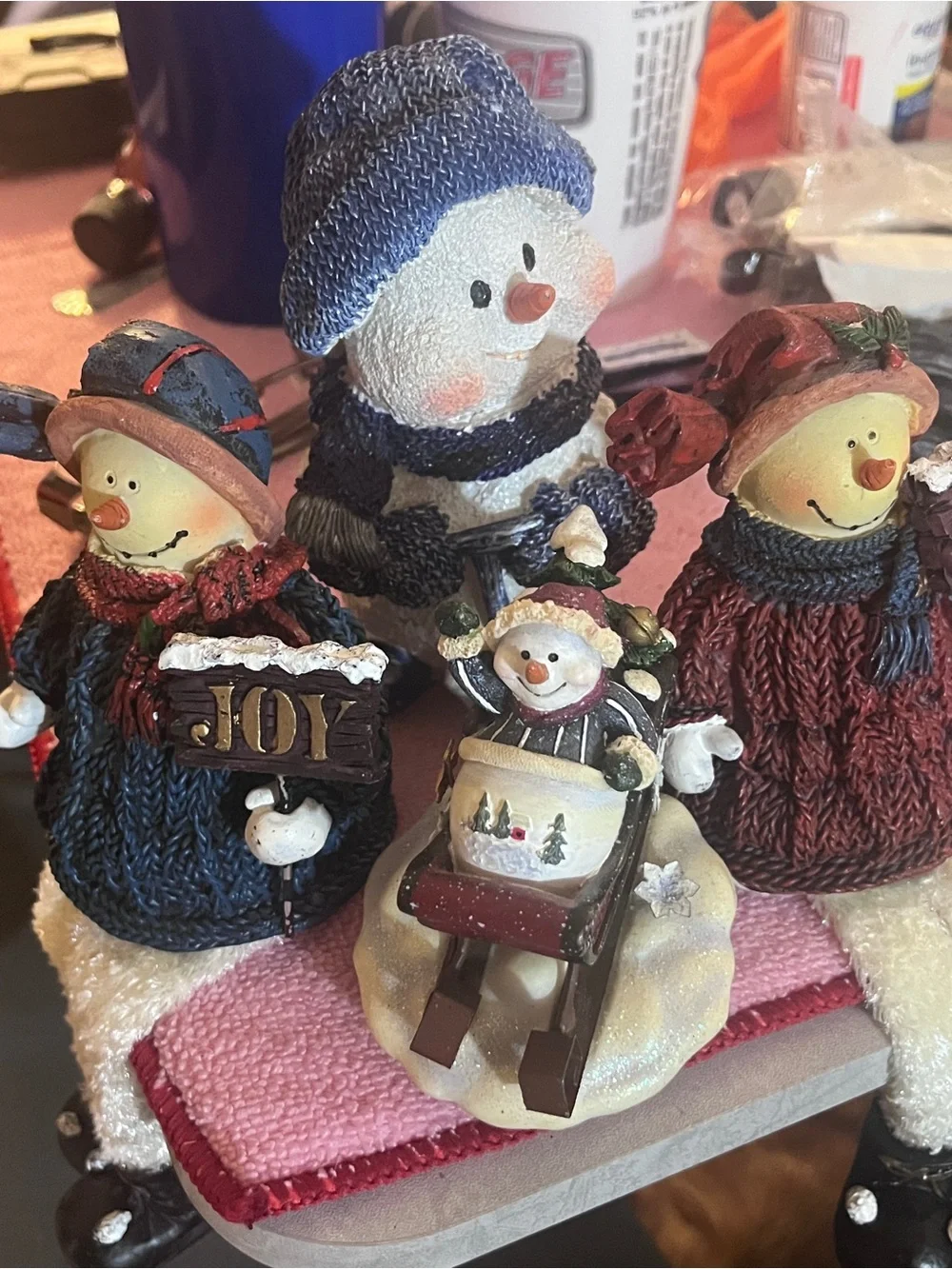 Holiday Snowman Figurines 4 pc Lot shelf sitter candle stopper top